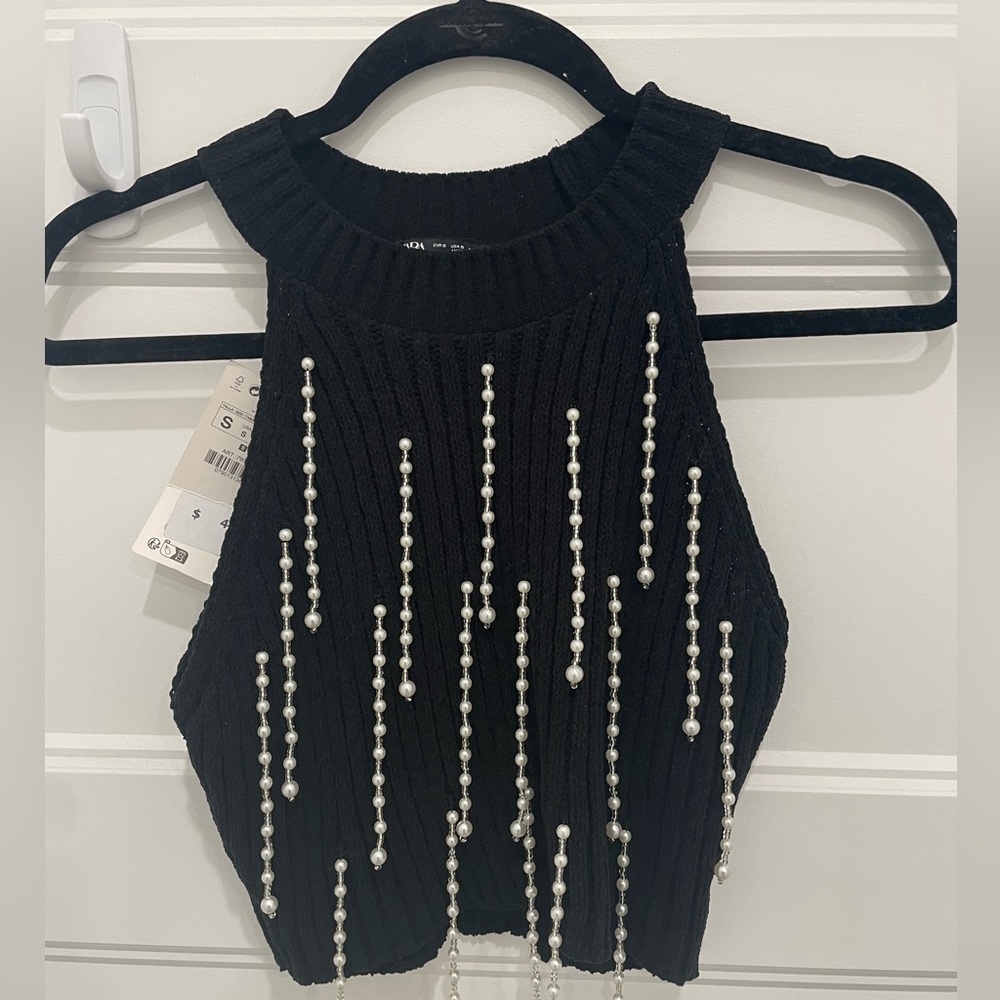 ZARA Chenille Dangling pearl knit top
